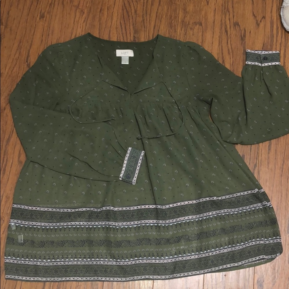 Army Green and Floral Peasant Blouse